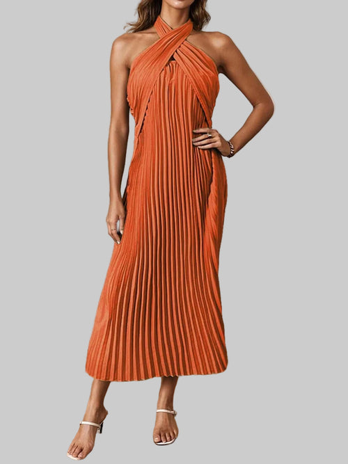 Orange pleated halter neck midi dress with tied detail and no stretch, made of 100% polyester.