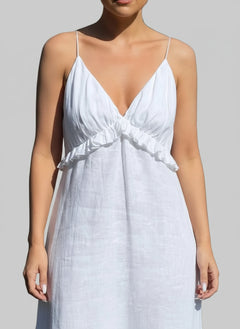 White ruffled V-neck maxi dress with thin straps and frill detail at waist, 100% cotton, sleeveless summer style