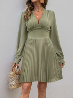 Olive green pleated long sleeve V-neck dress with slightly stretchy polyester fabric and zipper closure