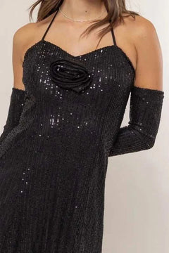 HYFVE Sequin Rosette Halter Mini Dress with sparkling sequins and elegant rosette detailing.