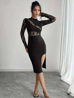 Lace Mock Neck Slit Dress