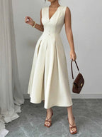 Elegant cream V-neck sleeveless midi dress with buttoned front and pleated skirt