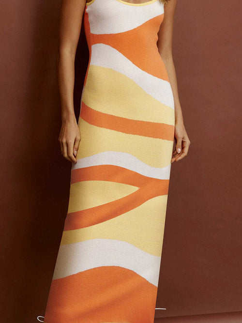Spaghetti Strap Maxi Sweater Dress with colorful abstract design.