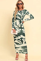 Printed backless long sleeve maxi dress with camouflage pattern.