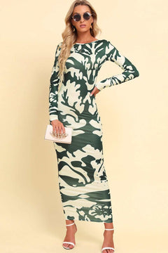 Printed backless long sleeve maxi dress with camouflage pattern.
