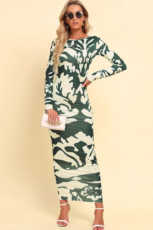 Printed backless long sleeve maxi dress with camouflage pattern.