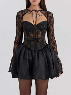 Black sweetheart neck lace dress and cover-up set with sheer long sleeves and fitted bodice