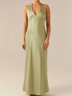Halter neck wrap maxi dress with tie detail in green, 100% polyester.