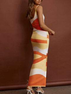 Spaghetti Strap Maxi Sweater Dress with colorful abstract pattern, perfect for fall and winter fashion.