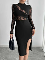 Lace Mock Neck Slit Dress