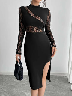 Lace Mock Neck Slit Dress