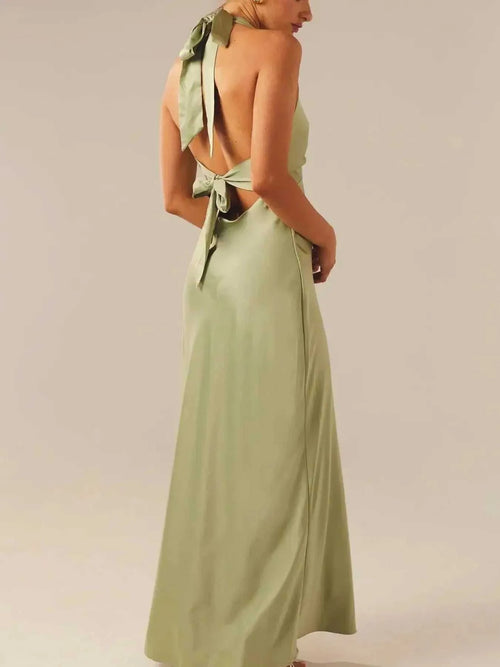 Halter neck wrap maxi dress with tie detail in green, 100% polyester, machine washable.