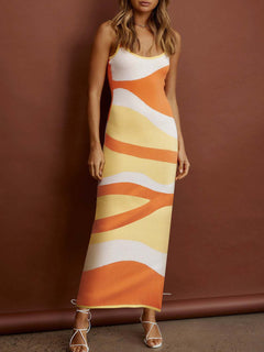 Spaghetti Strap Maxi Sweater Dress in orange and yellow pattern, featuring a chic and cozy knit design.