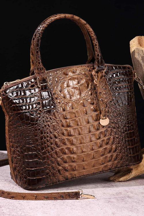 Brown PU leather handbag with crocodile texture and top handles, medium size, stylish and durable accessory for modern women.