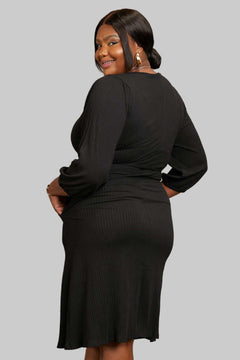 Plus size black Culture Code full size surplice flare midi dress with ruched long sleeves and waist tie detail