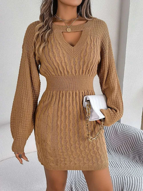 Brown cable-knit cutout round neck slit sweater dress with long sleeves and fitted waist.