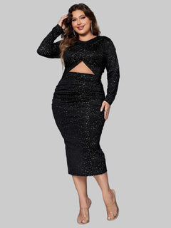 Plus Size Long Sleeve Honey Cutout Slit Round Neck Chic Dress