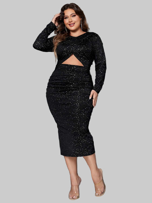 Plus Size Long Sleeve Honey Cutout Slit Round Neck Chic Dress