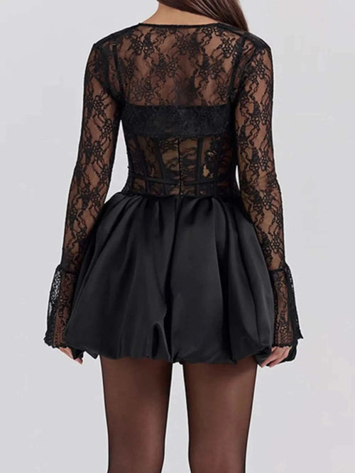 Black sweetheart neck lace dress with sheer long sleeves and satin skirt two-piece set