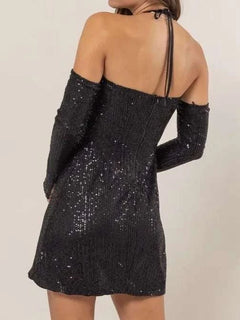 HYFVE Sequin Rosette Halter Mini Dress showcasing back view with sparkling sequins and elegant rosette detailing on the halter neckline.