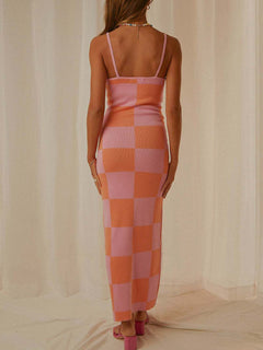 Spaghetti Strap Maxi Sweater Dress in checkered pattern, showcasing comfortable knit and flowing silhouette.