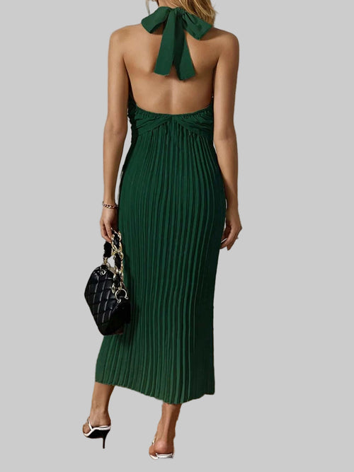 Green pleated halter neck midi dress with tied back detail and no stretch polyester fabric