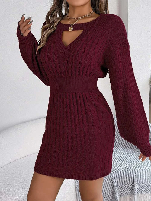Burgundy cable-knit cutout round neck slit sweater dress with long sleeves and fitted waist