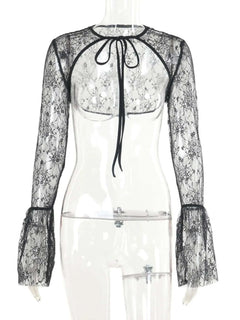 Black sheer lace sweetheart neck dress and cover up set with long bell sleeves and tie closure