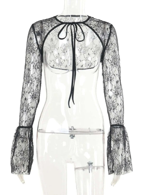 Black sheer lace sweetheart neck dress and cover up set with long bell sleeves and tie closure