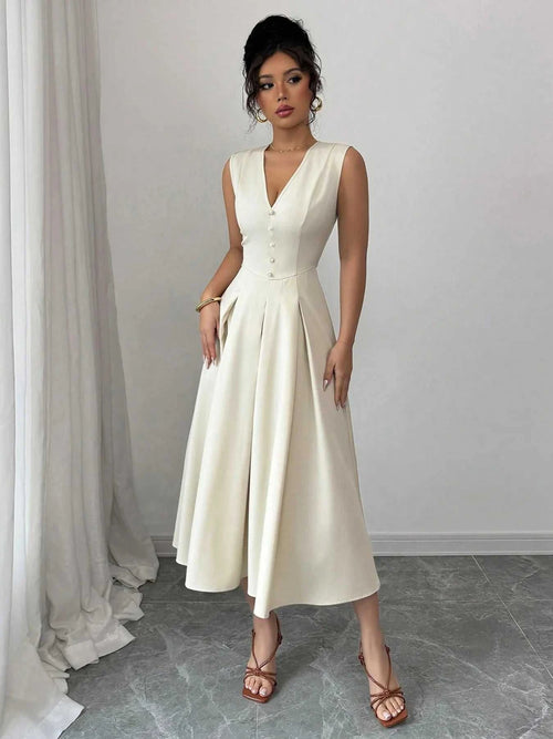 Elegant white V-neck sleeveless midi dress with buttoned front and flared skirt