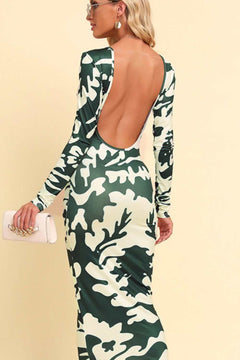 Printed backless long sleeve maxi dress with camouflage pattern and round neckline.