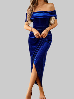 Velvet Off - Shoulder Ruched Midi Dress - Luxe Elegance and Comfort - Jsandiclothing.com