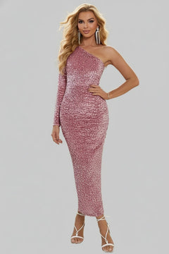 One - Shoulder Long Sleeve Sequin Dress - Glamorous Evening Wear Style - Jsandiclothing.com