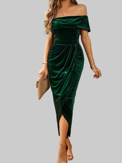 Velvet Off - Shoulder Ruched Midi Dress - Luxe Elegance and Comfort - Jsandiclothing.com