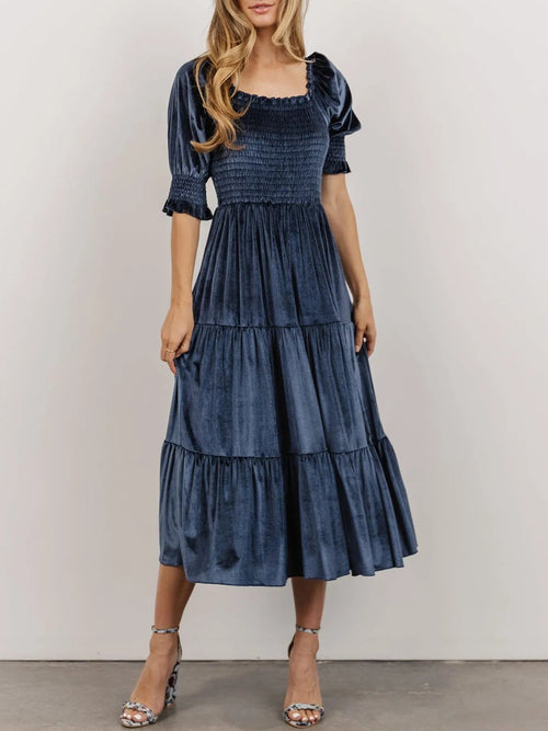 Smocked Half Sleeve Tiered Midi Dress - Elegant & Comfortable Fit - Jsandiclothing.com