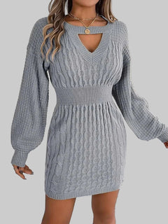 Sweater Dress - Cable - Knit Cutout Round Neck Slit for Women| JSandi - Jsandiclothing.com