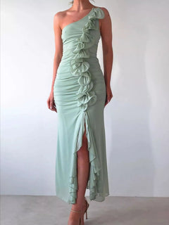 One - Shoulder Ruffle Slit Dress - Jsandiclothing.com