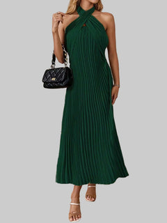 Pleated Halter Neck Midi Dress - Elegant Polyester Dress | Jsandi - Jsandiclothing.com