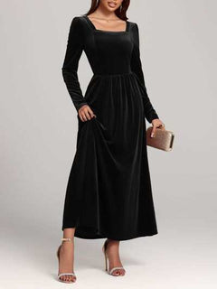Long Sleeve Dress | Velvet Square Neck Elegant Modern and High Quality - Jsandiclothing.com
