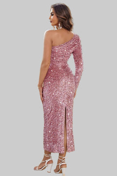 One - Shoulder Long Sleeve Sequin Dress - Glamorous Evening Wear Style - Jsandiclothing.com