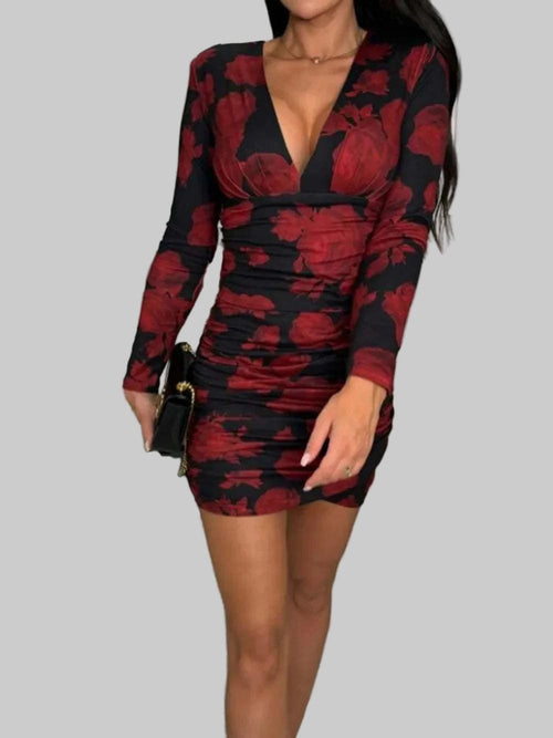 Ruched Plunge Long Sleeve Wrap Dress - Jsandiclothing.com