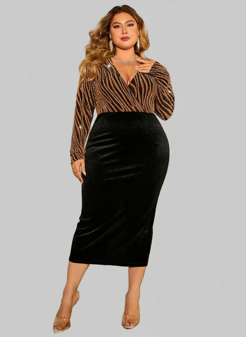 Long Sleeve Dress Plus Size| Surplice Neckline & Slit Details - Jsandiclothing.com