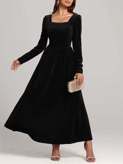 Long Sleeve Dress | Velvet Square Neck Elegant Modern and High Quality - Jsandiclothing.com