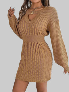 Sweater Dress - Cable - Knit Cutout Round Neck Slit for Women| JSandi - Jsandiclothing.com