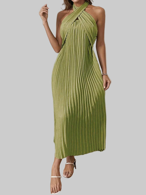 Pleated Halter Neck Midi Dress - Elegant Polyester Dress | Jsandi - Jsandiclothing.com