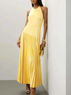 Pleated Halter Neck Maxi Dress - Elegant & Stylish| Jsandiclothing - Jsandiclothing.com