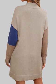 Sweater Dress Color Block Mock Neck - Casual Long Sleeve Mini Style - Jsandiclothing.com