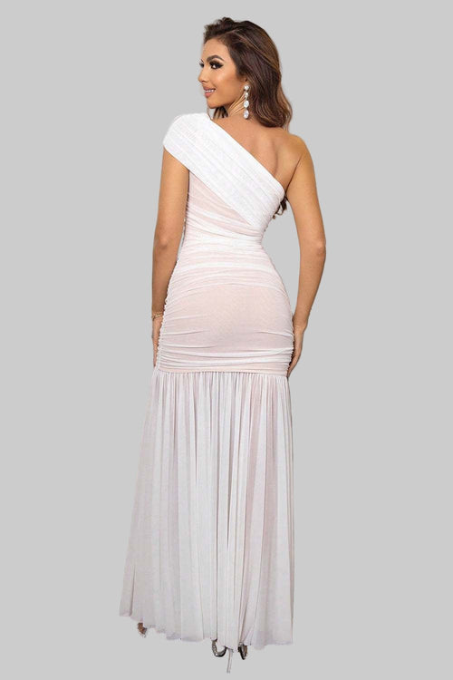 Maxi Dress with One - Shoulder Design and Elegant Ruched Detailing - Jsandiclothing.com