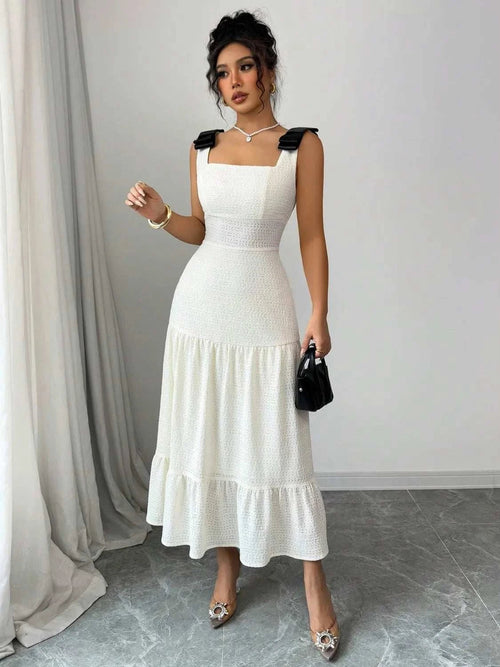 Square Neck Dress - Tiered Wide Strap Style with Charming Bow Detail - Jsandiclothing.com