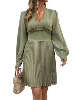 Pleated Long Sleeve V - Neck Dress - Elegant Polyester Dress| - Jsandiclothing.com